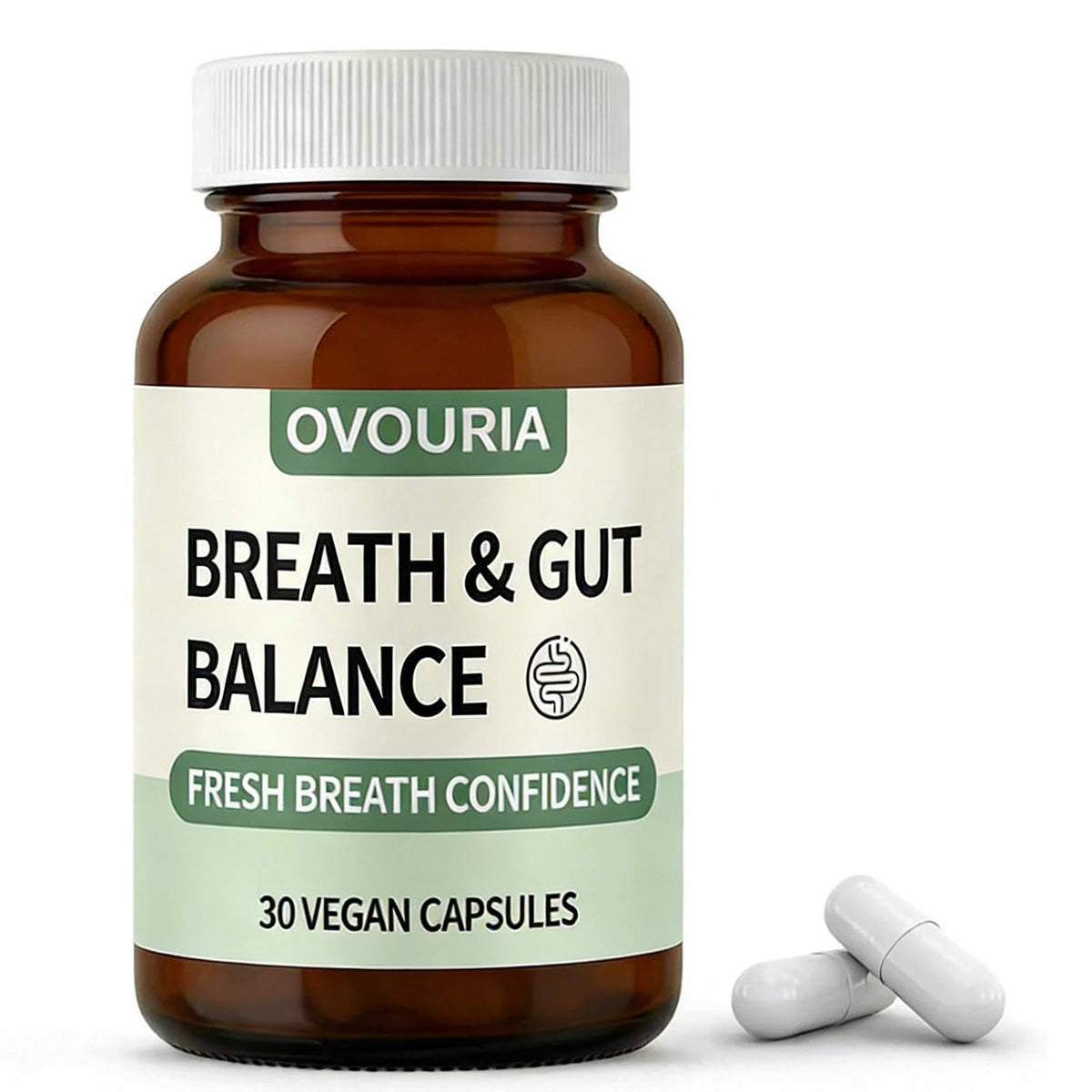 ZPX Ovouria Breath and Gut Balance bottle shows fresh breath support for daily use.