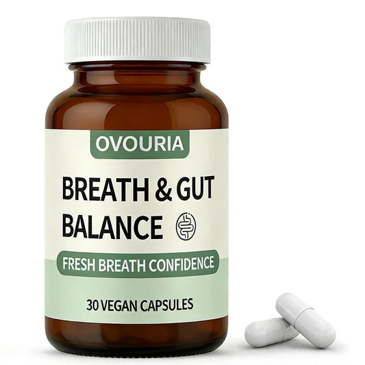 ZPX Ovouria Breath and Gut Balance bottle shows fresh breath support for daily use.