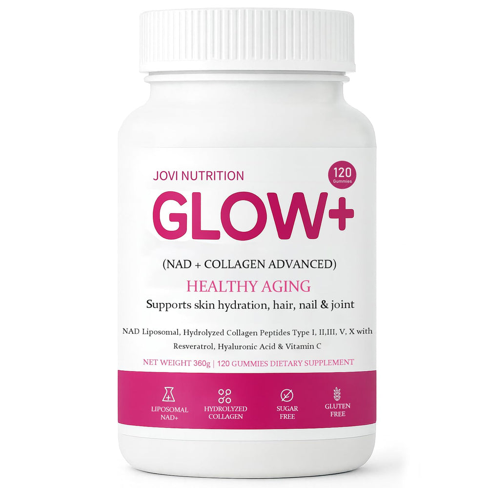ZRRTXV JoviGLOW+ bottle with soft gummies for a convenient daily routine.