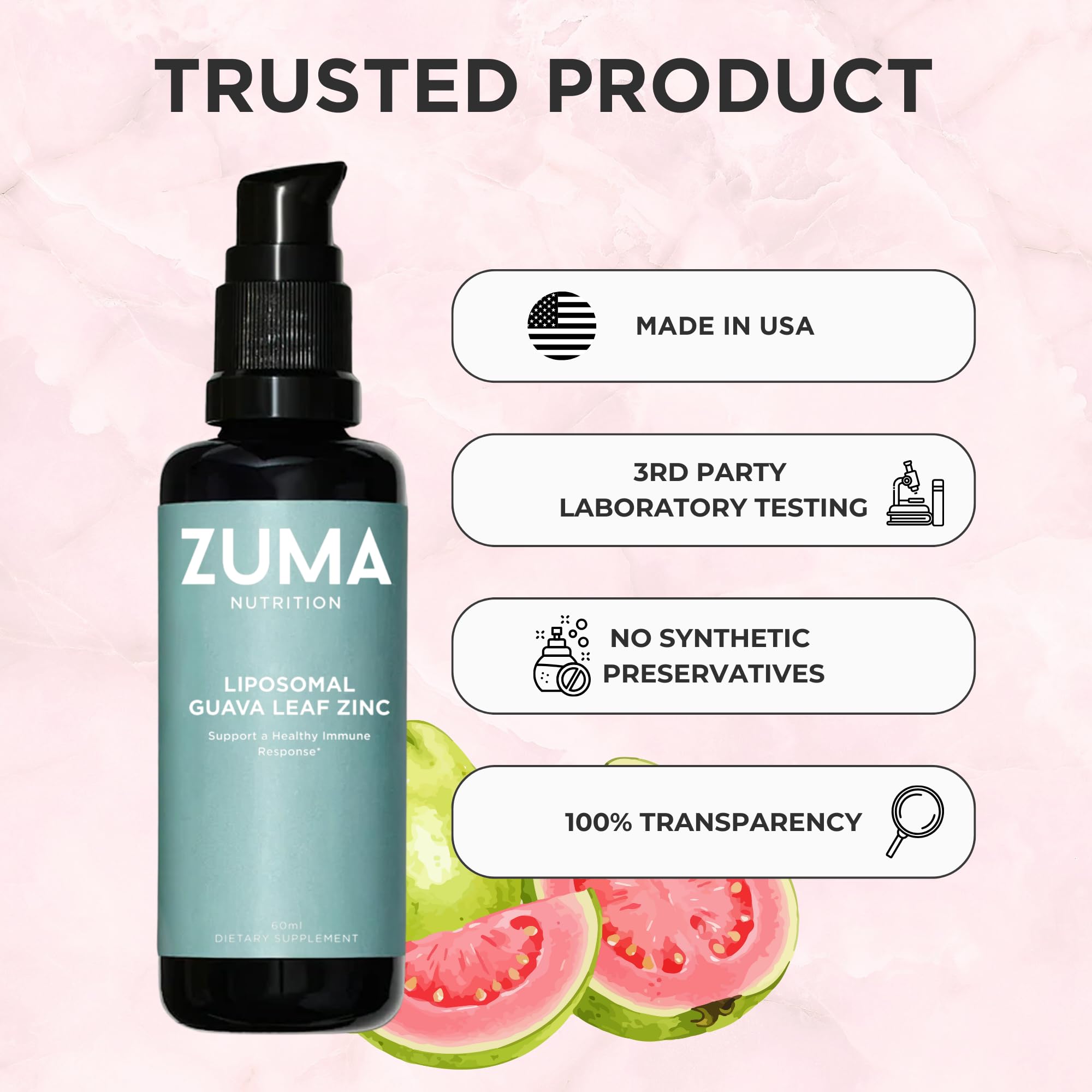 Zuma Nutrition Guava Leaf Zinc liposomal formula visual representation.