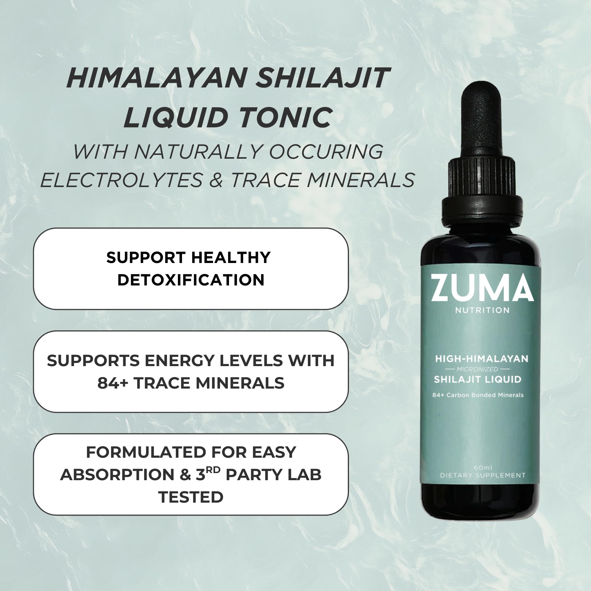 Himalayan minerals and fulvic compounds highlighted in Zuma Nutrition formula.