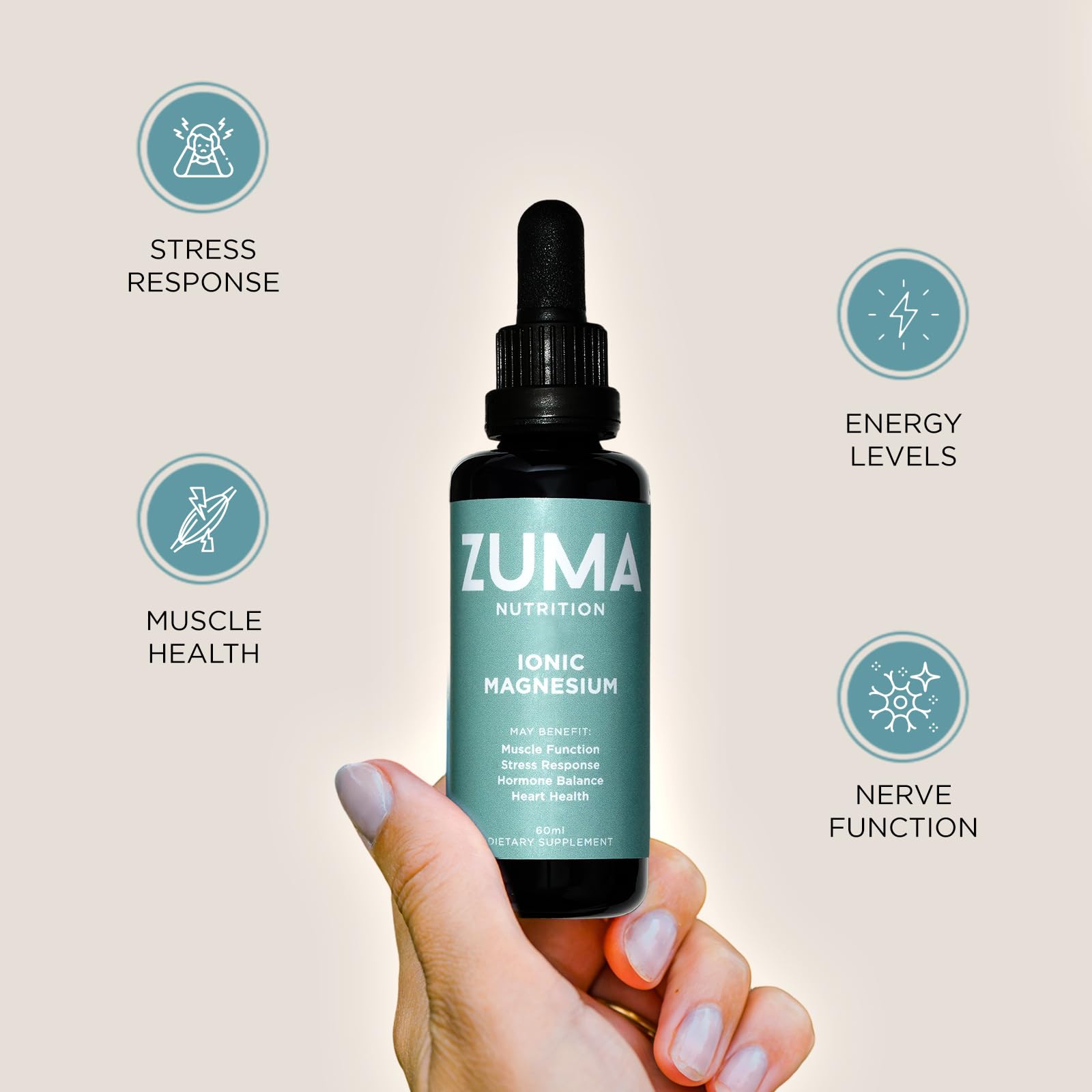 Zuma Nutrition Ionic Magnesium Liquid Tonic glass bottle emphasizes sustainable design for daily use.