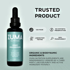 Zuma Nutrition Ionic Magnesium Liquid Tonic ingredients section spotlights mineral-rich base and herbal hydrosols.