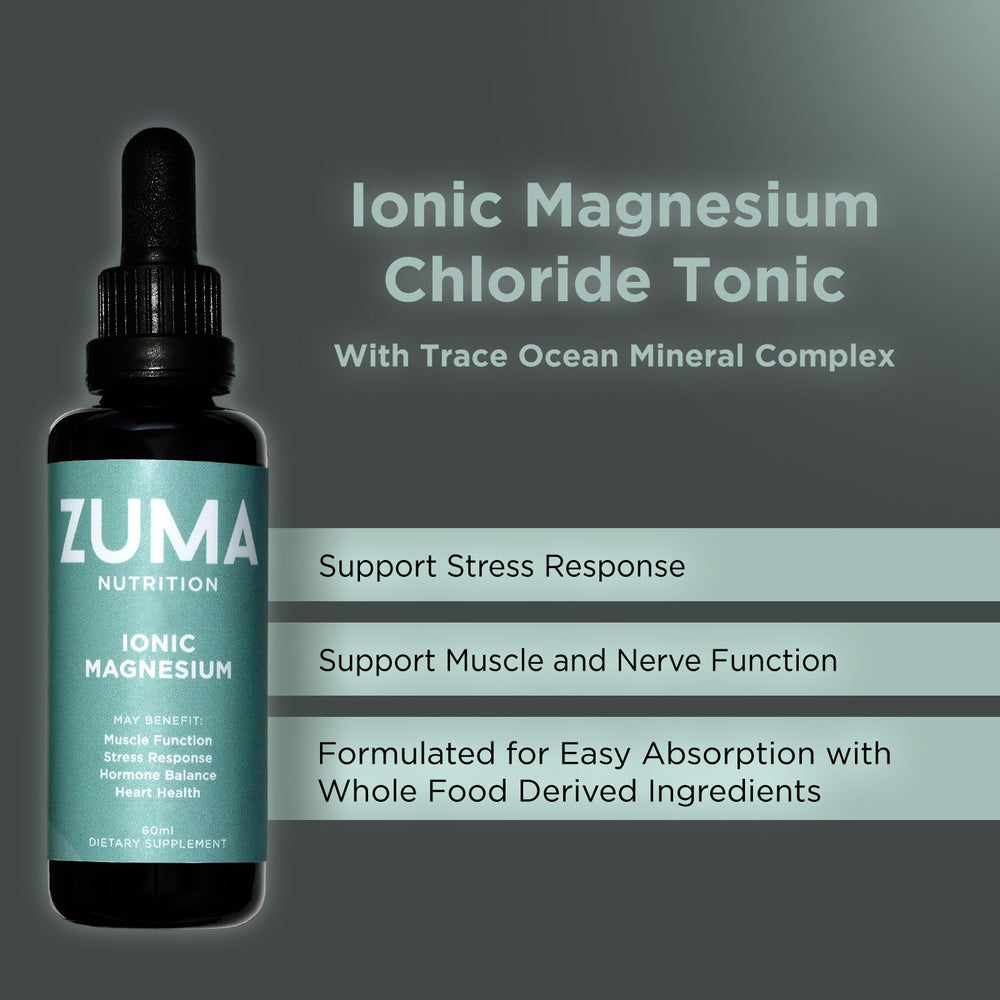 Zuma Nutrition Ionic Magnesium Liquid Tonic pour demonstrates smooth mixing in water for on the go.