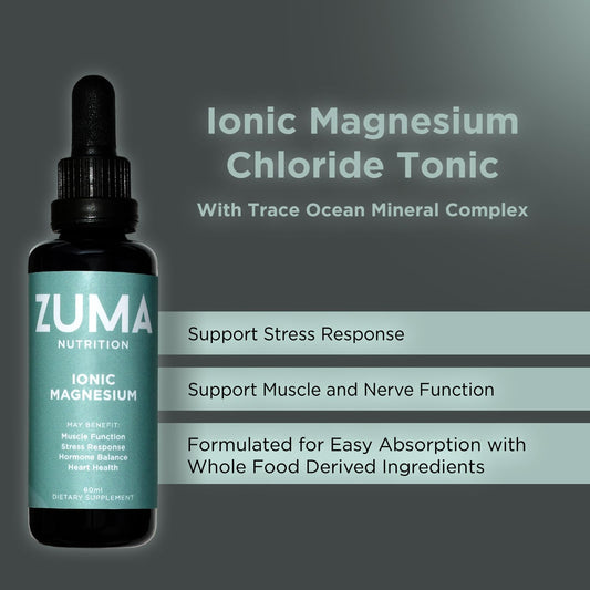 Zuma Nutrition Ionic Magnesium Liquid Tonic pour demonstrates smooth mixing in water for on the go.