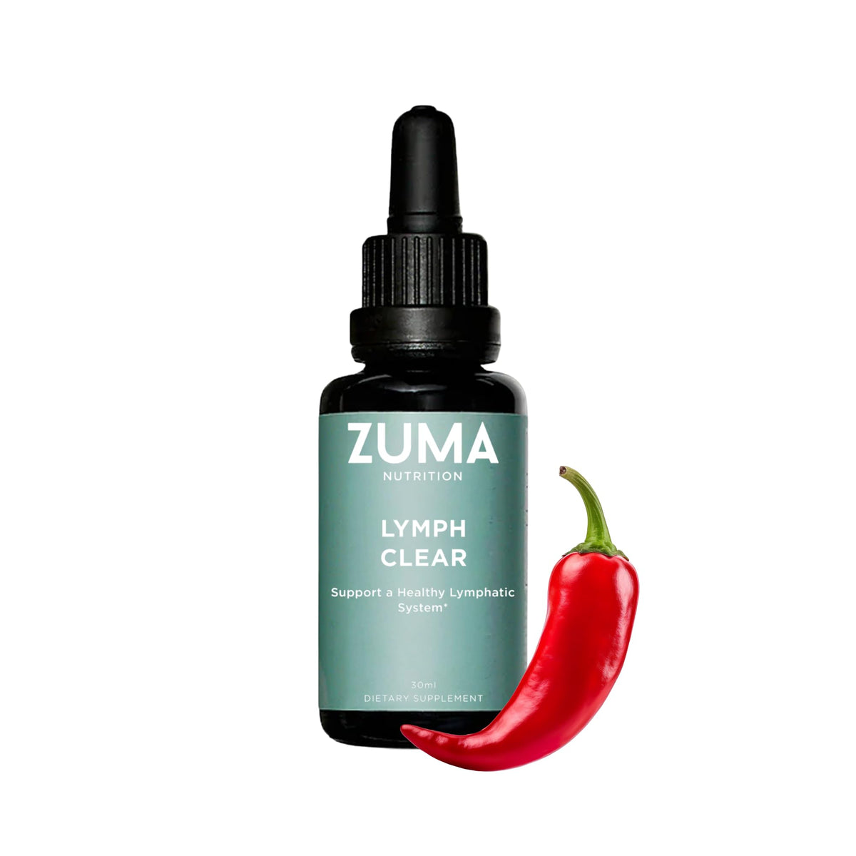 Zuma Nutrition Lymphatic Tonic bottle on a clean surface showing the product name and herbal focus for daily wellness