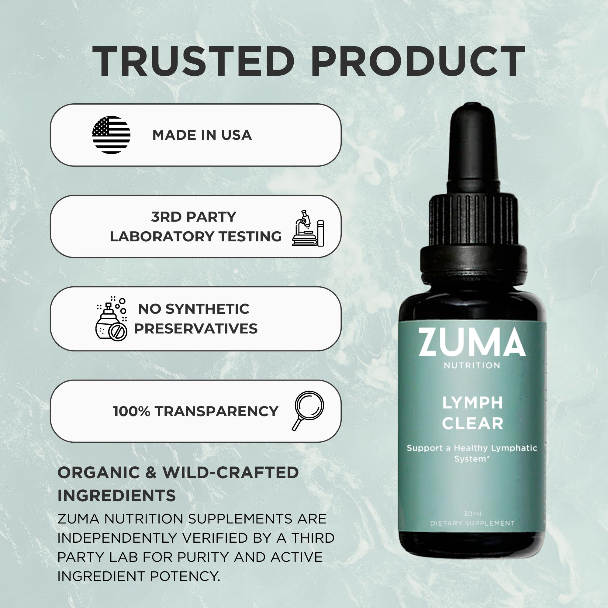 Close-up of Zuma Nutrition Lymphatic Tonic label highlighting vegan, non-GMO credentials