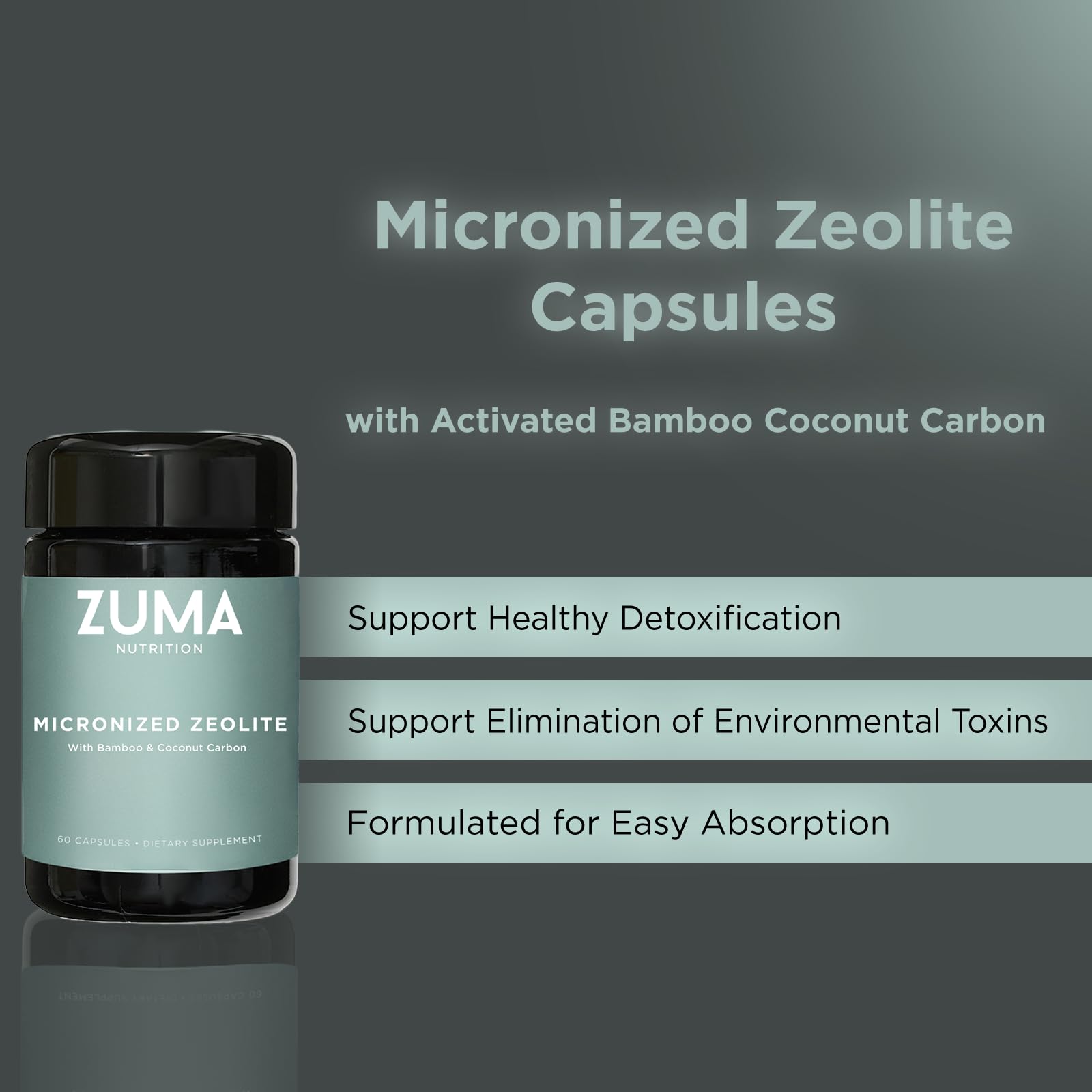 Zuma Nutrition Miron glass packaging signals premium, recyclable daily wellness supplement.