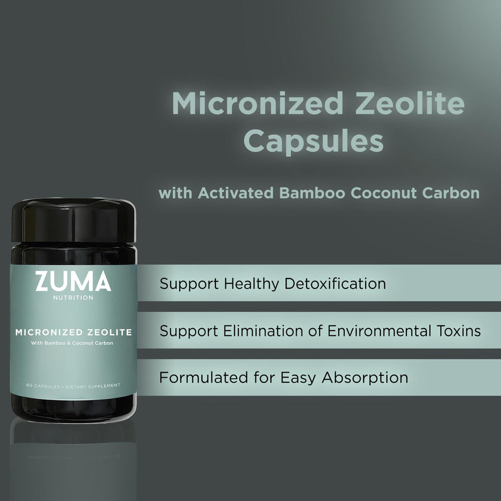 Zuma Nutrition Miron glass packaging signals premium, recyclable daily wellness supplement.