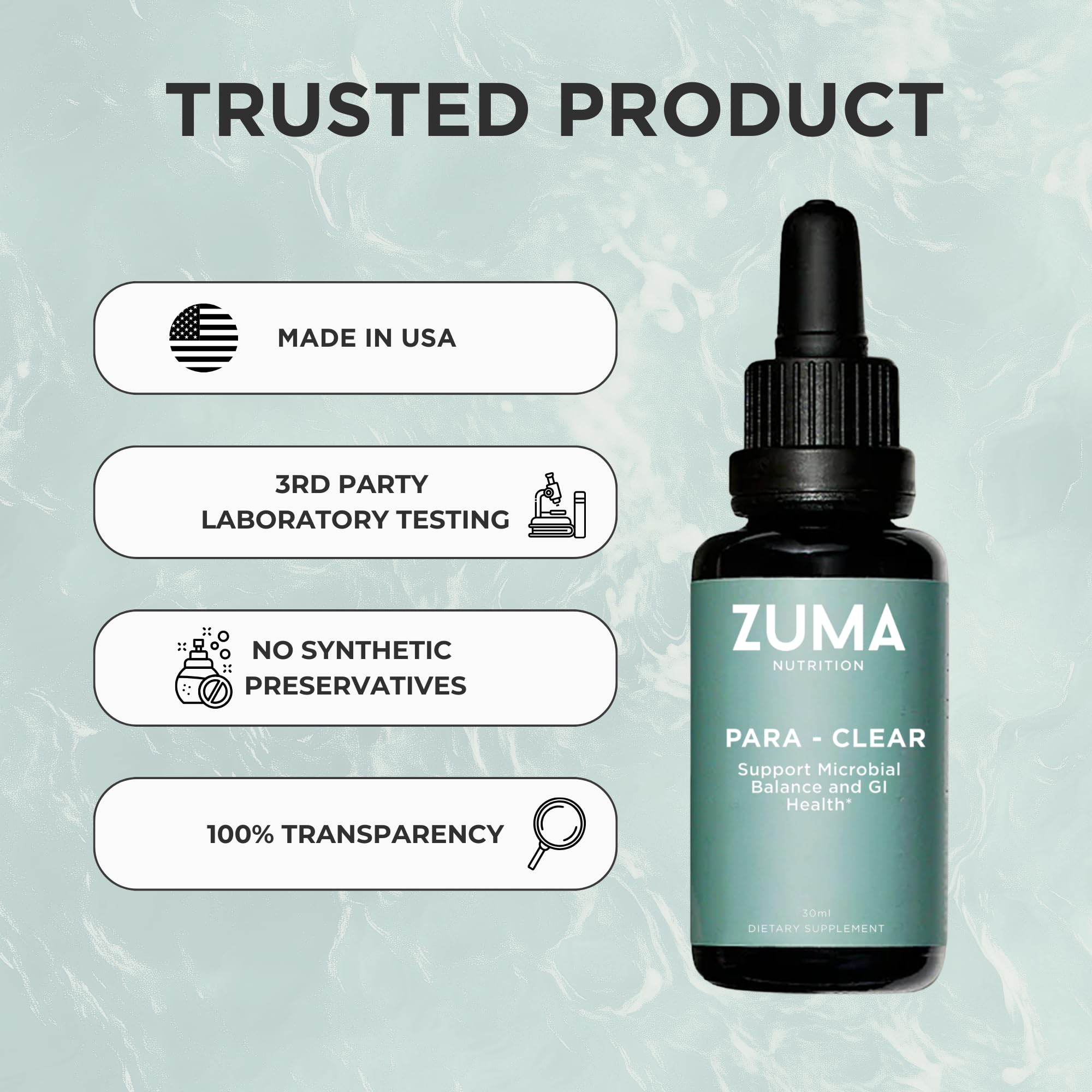 Zuma Nutrition Para-Clear being stirred into water for easy daily use.