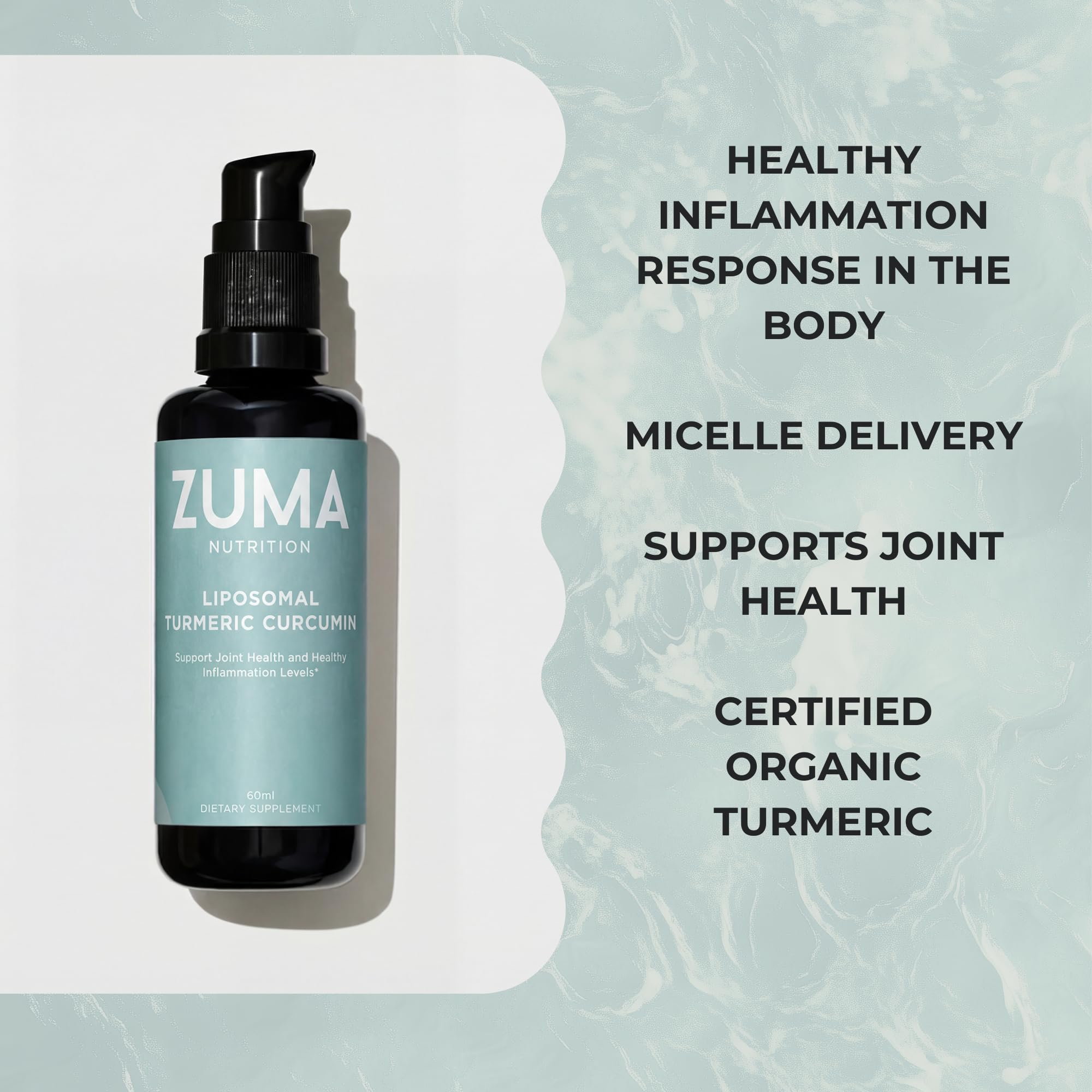 Herbal blend featuring turmeric and botanicals in Zuma Nutrition bottle.