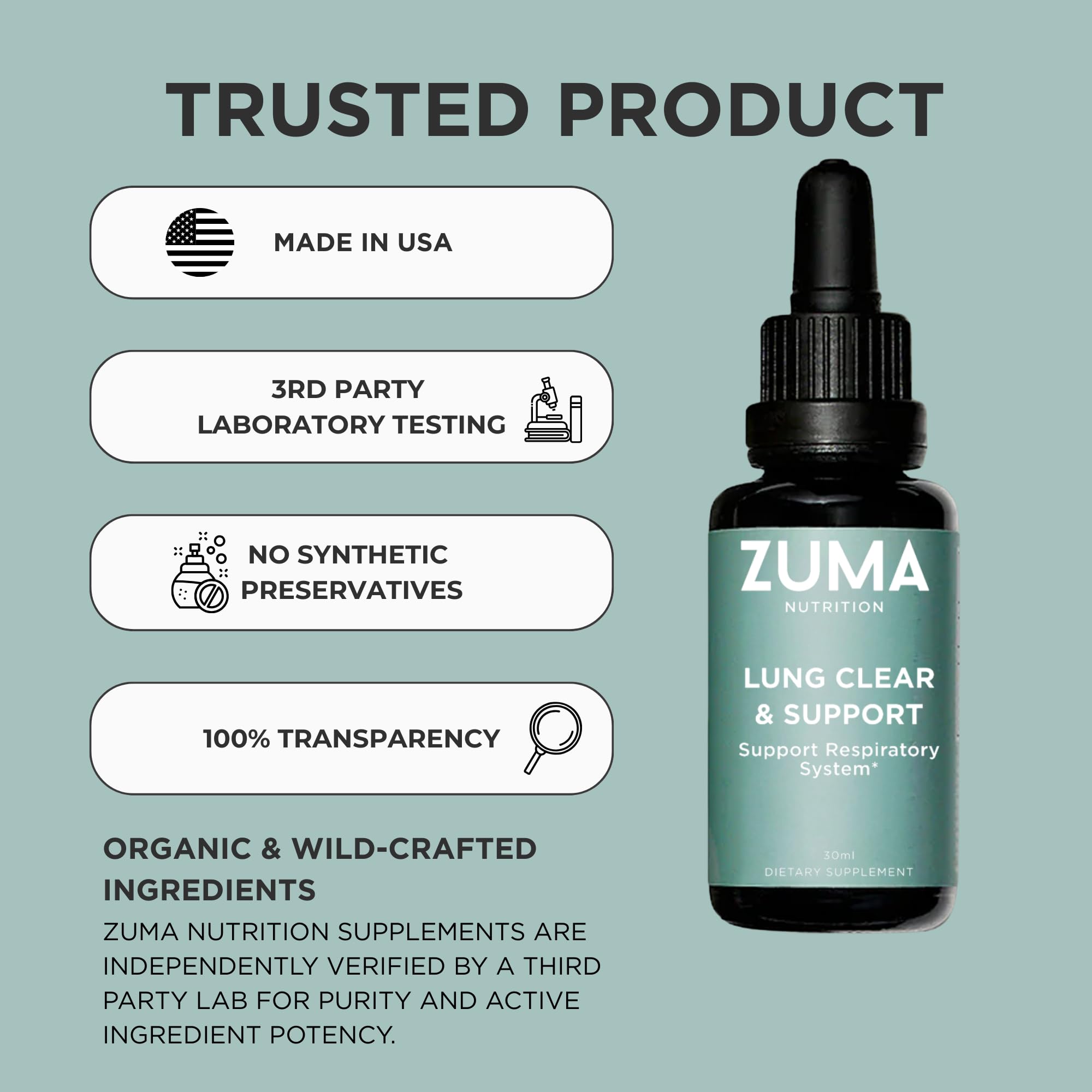 Vegan and non-GMO label on Zuma Lung Support Tonic.