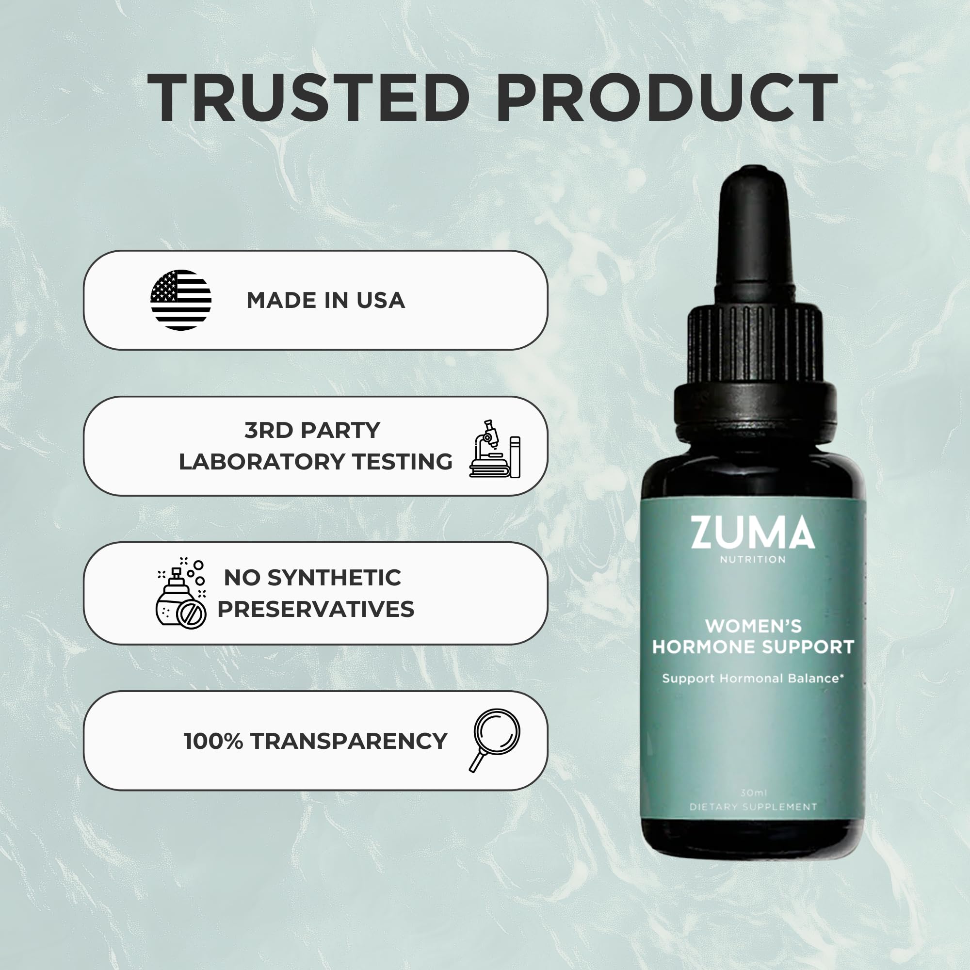 Zuma Nutrition Women's Tonic ingredient blend close-up emphasizes chasteberry and evening primrose benefits
