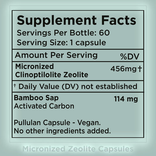 Close-up of Zuma Nutrition zeolite capsules showing a micronized mineral blend.