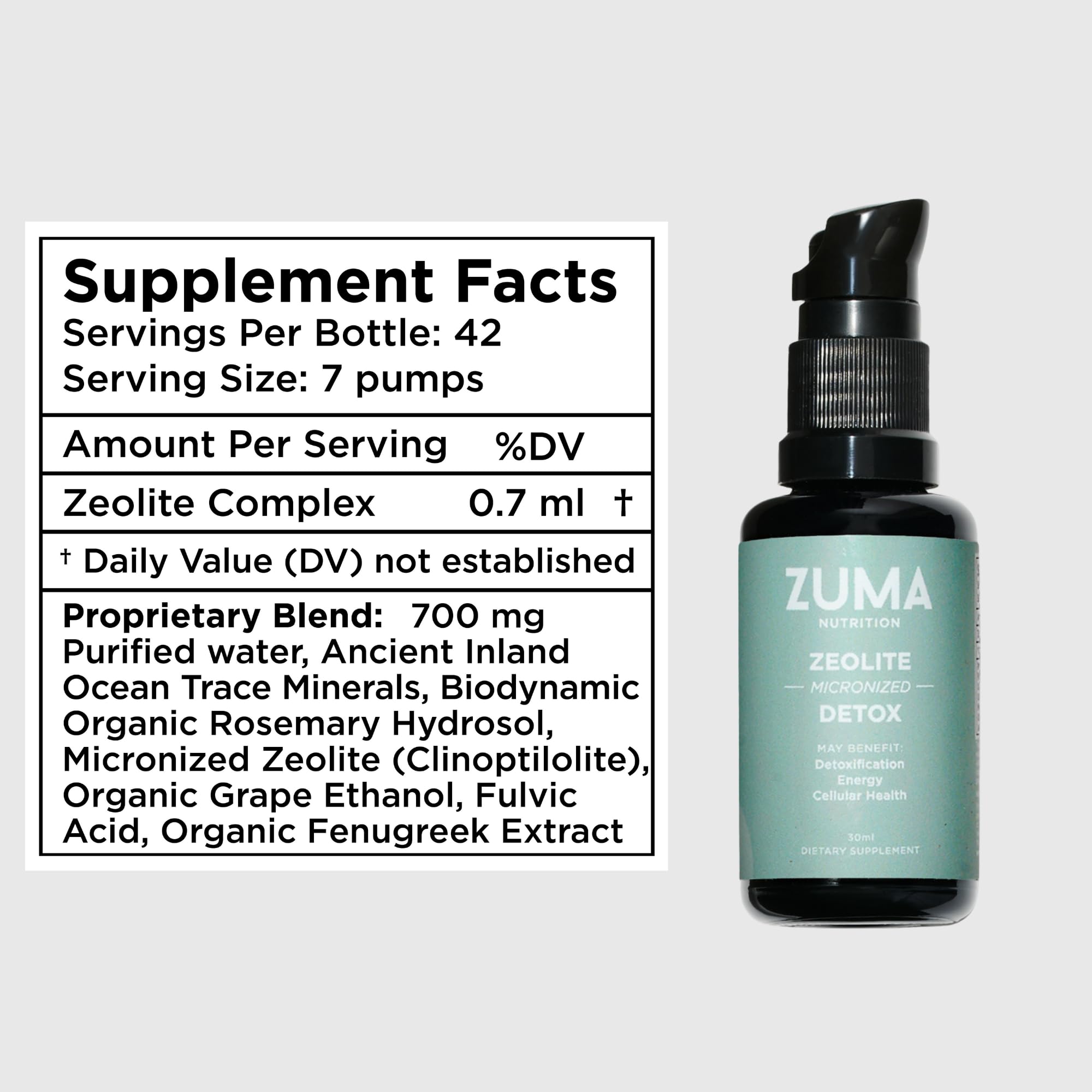 Dropper dispensing Zuma Nutrition Zeolite Micronized Liquid Tonic for convenient daily use