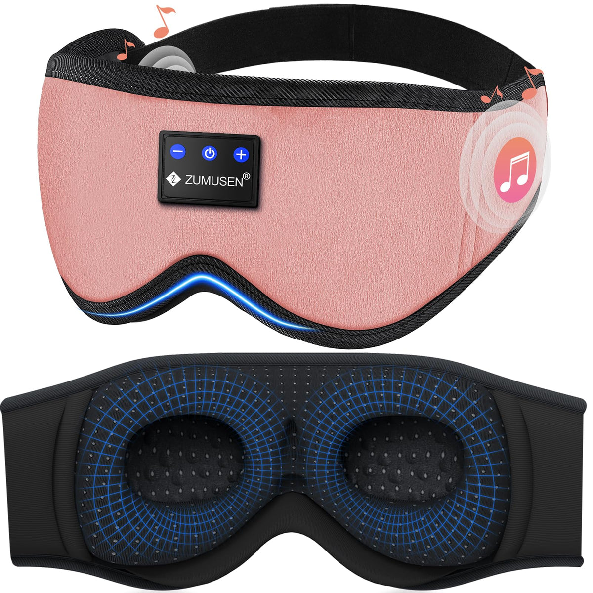 ZUMUSEN eye mask with Bluetooth sleep headphones seen from the front for comfortable listening
