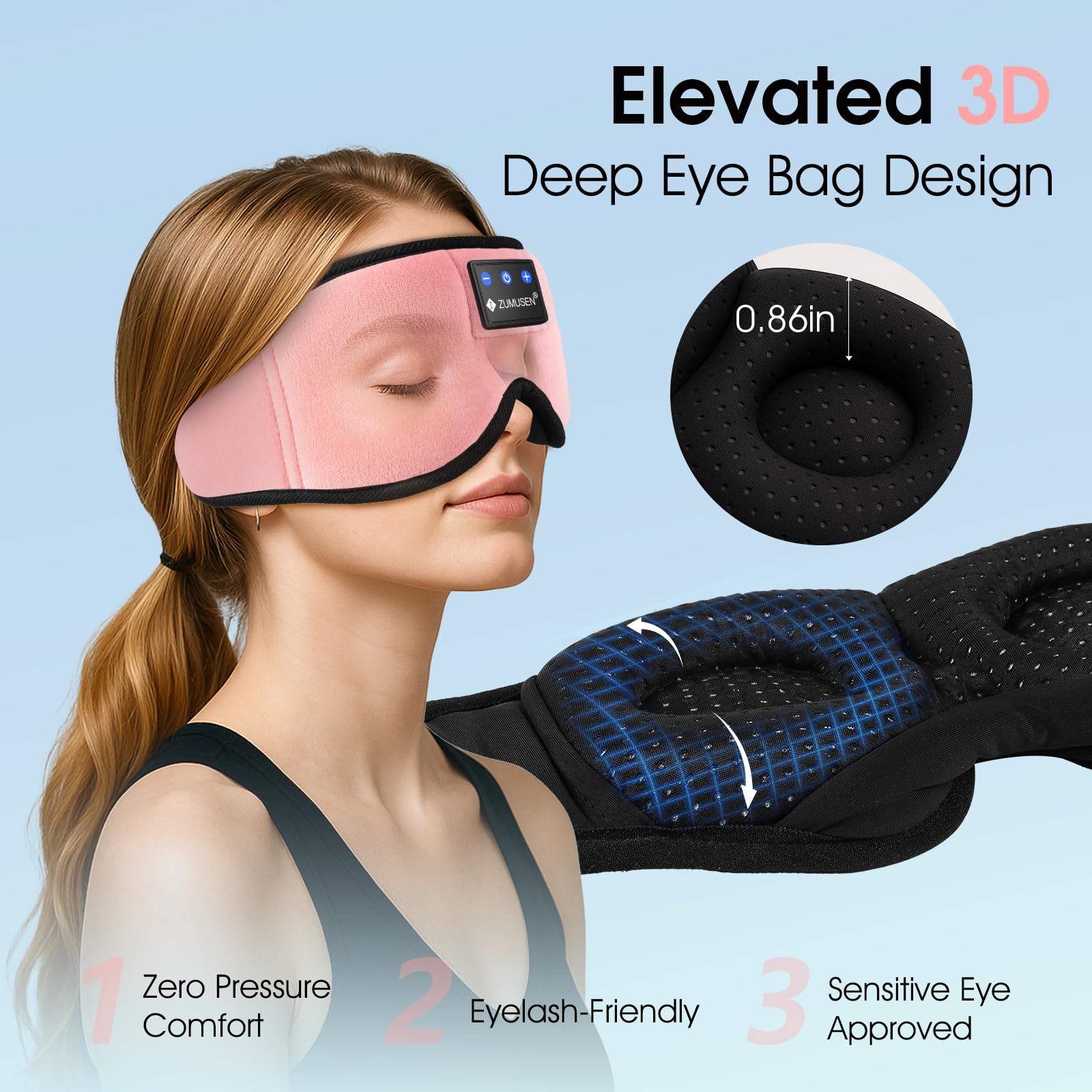 Worn on the side, ZUMUSEN mask showcases secure, cozy fit for side sleepers
