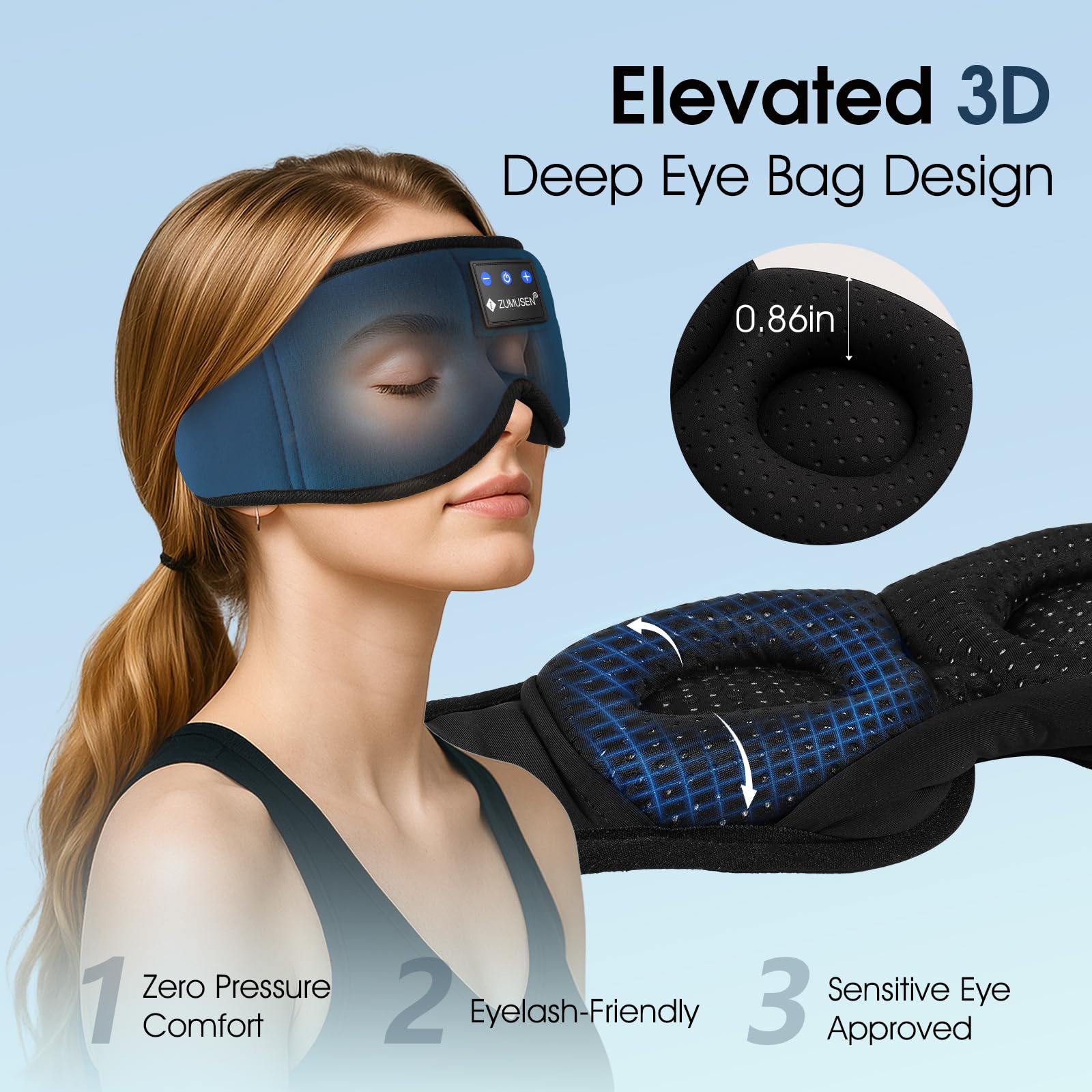 Ultra-thin speakers inside ZUMUSEN sleep mask for clear wireless audio.