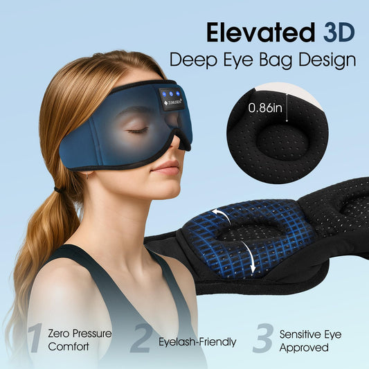 Ultra-thin speakers inside ZUMUSEN sleep mask for clear wireless audio.