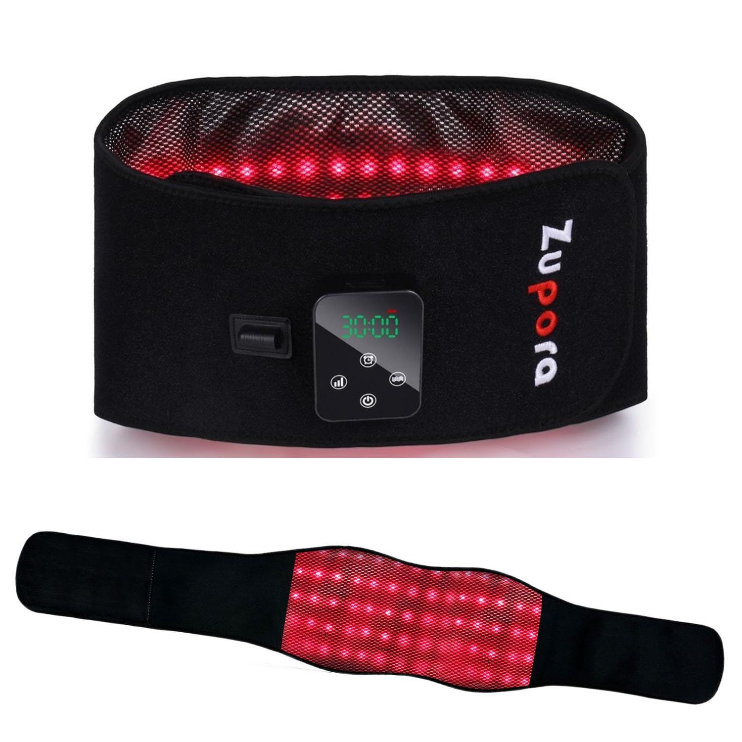 Zupora red light therapy belt front view showcases wearable relief on the move