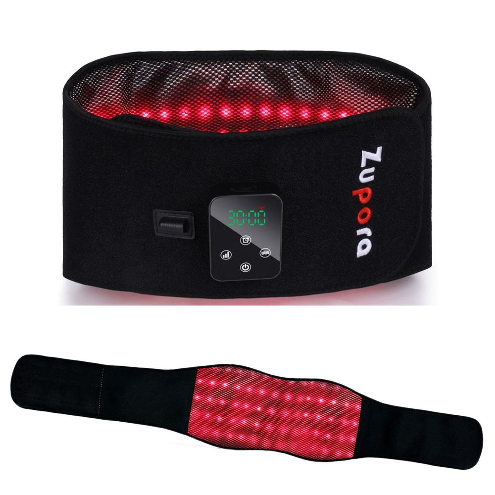 Zupora red light therapy belt front view showcases wearable relief on the move