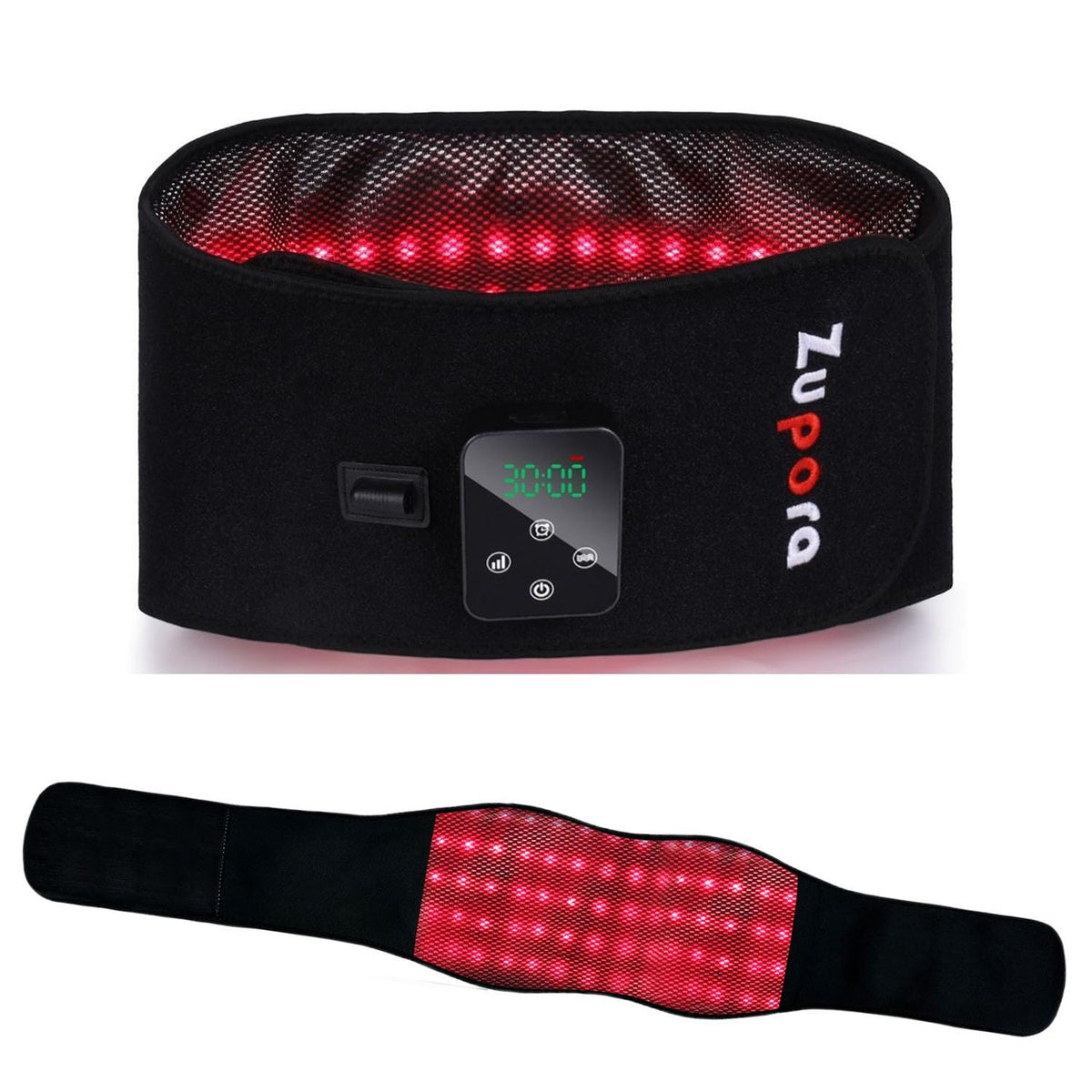 Zupora red light therapy belt front view showcases wearable relief on the move