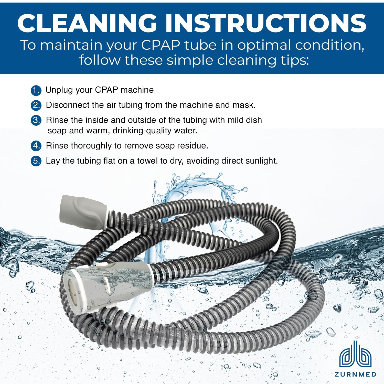 ZURNMED quiet durable CPAP tubing provides steady pressure and peaceful sleep.