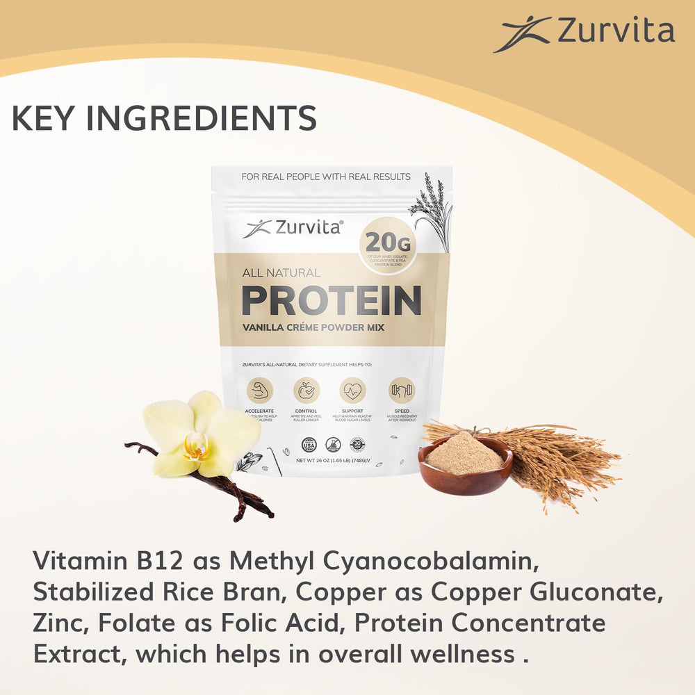 Zurvita Vanilla Creme protein powder label highlights vitamins and minerals.