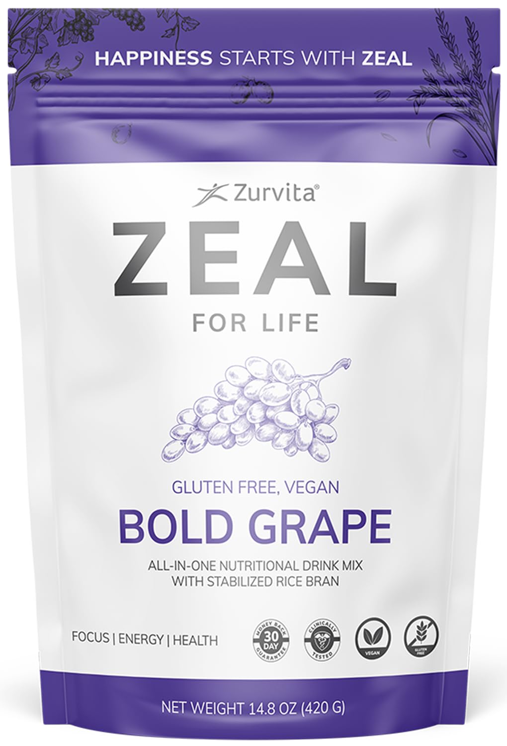 Zurvita Zeal for Life bold grape powder bag, highlighting flavorful daily nutrition