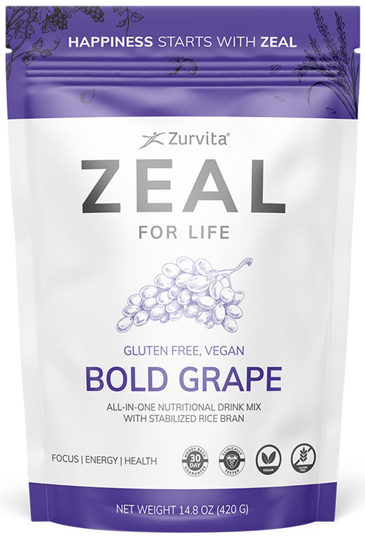 Zurvita Zeal for Life bold grape powder bag, highlighting flavorful daily nutrition