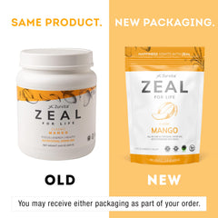 Zurvita Zeal for Life Mango blend close-up highlighting whole-food concentrates and natural flavor.