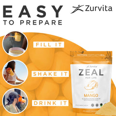 Zurvita Zeal for Life Mango bottle beside glass, suggesting morning ritual.