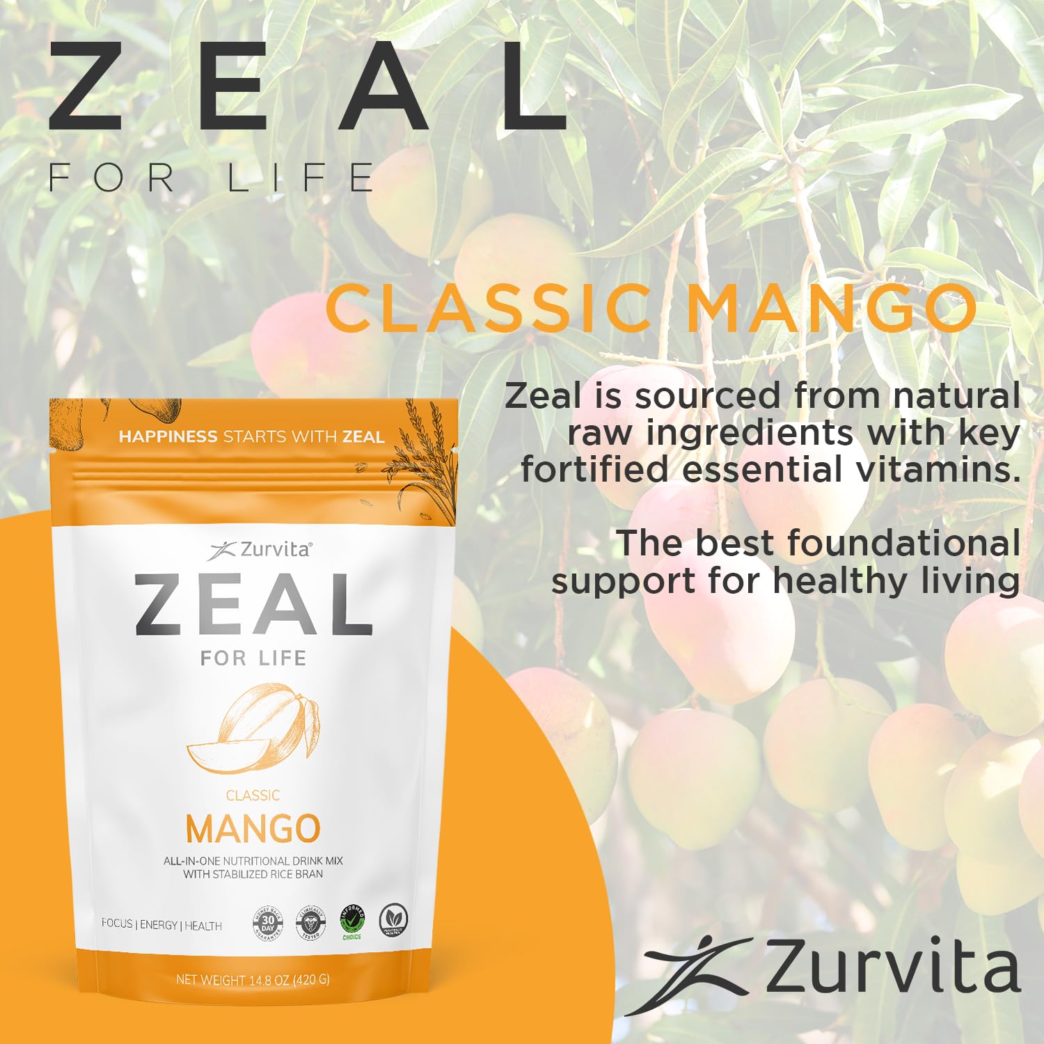 Zurvita Zeal for Life Mango nutrition panel emphasizing biotin and B vitamins.