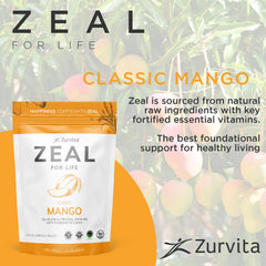 Zurvita Zeal for Life Mango nutrition panel emphasizing biotin and B vitamins.
