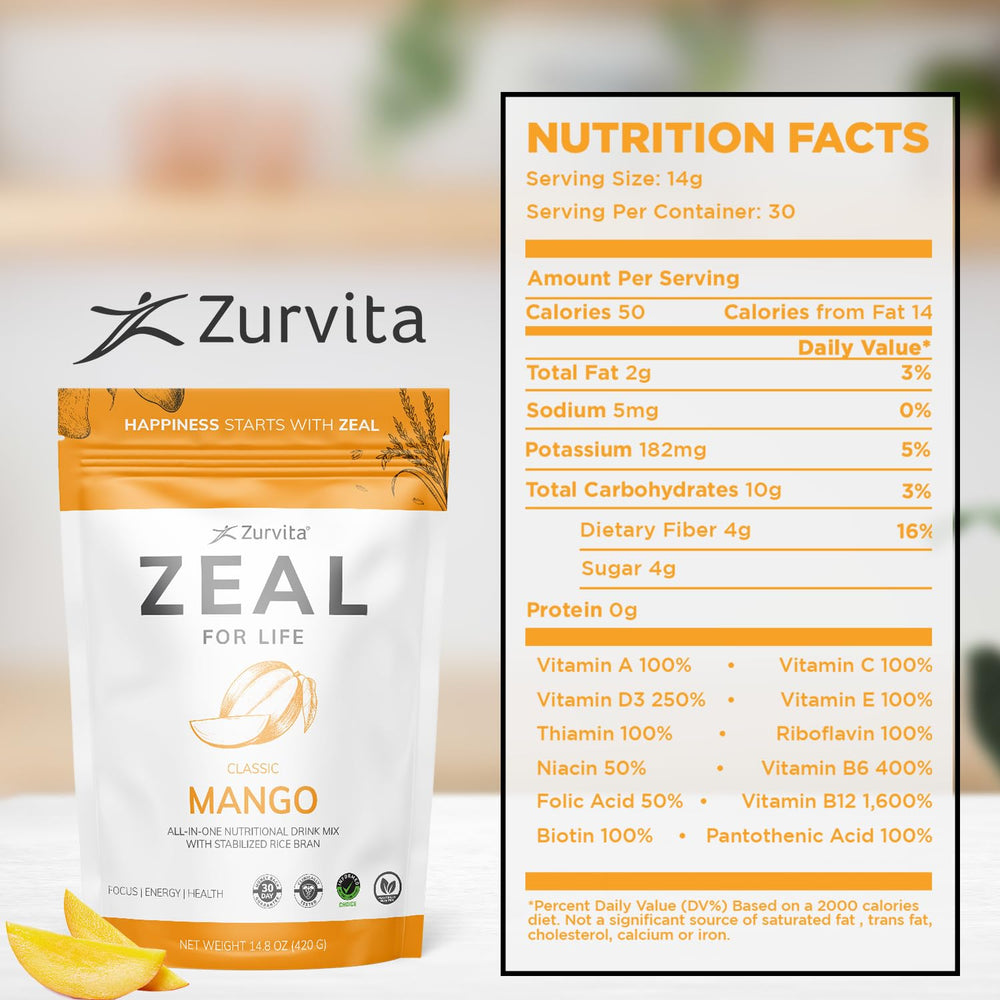 Zurvita Zeal for Life Mango mix poured into a glass for a quick energizing sip.