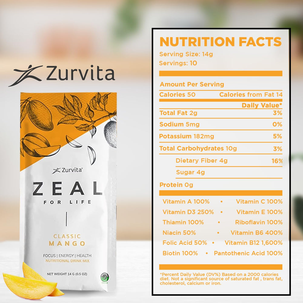 Zurvita Zeal for Life Mango tub label on glossy container with nutrition details.