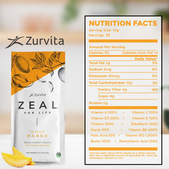 Zurvita Zeal for Life Mango tub label on glossy container with nutrition details.