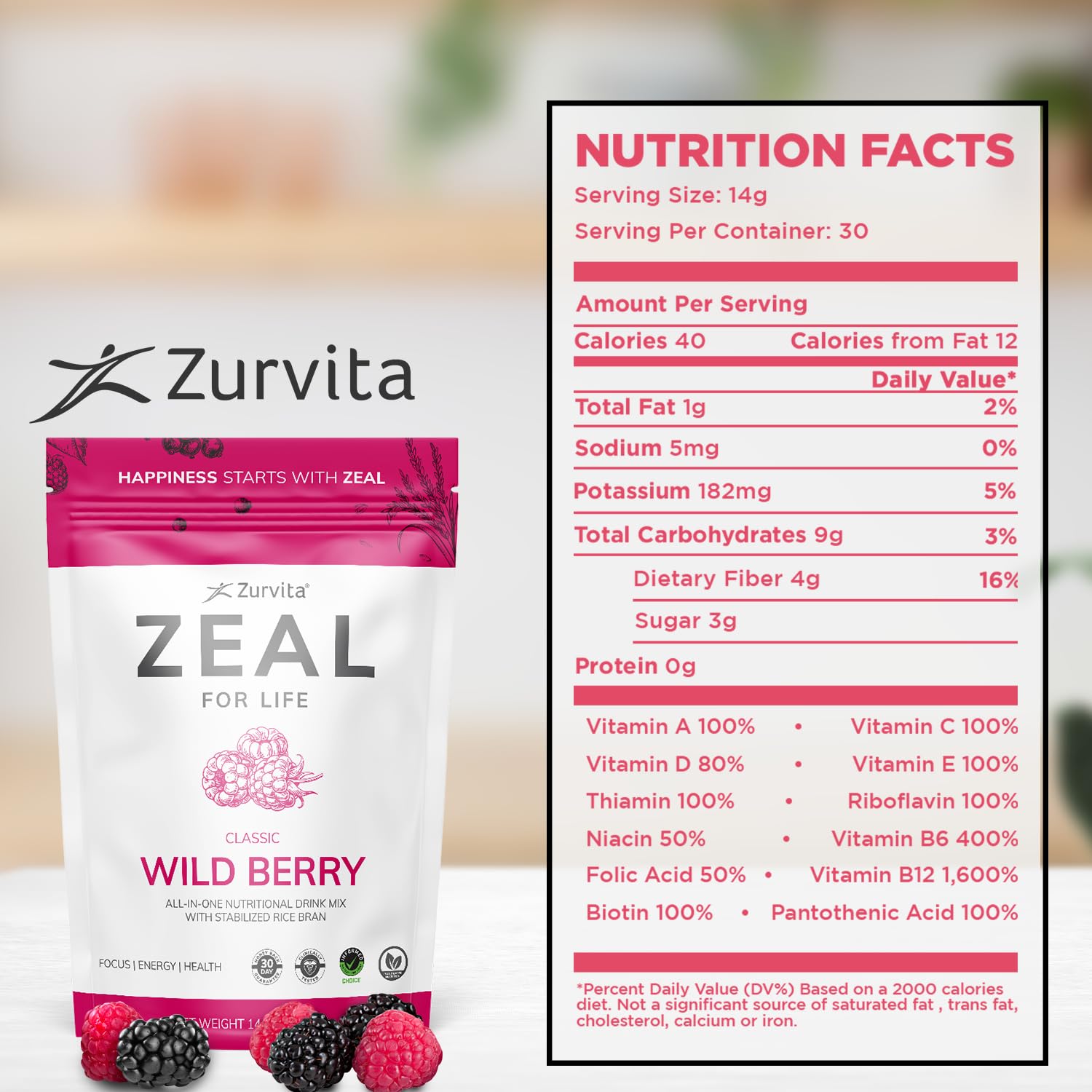 Zurvita Zeal for Life Wild Berry Classic bag back view with nutrition facts.