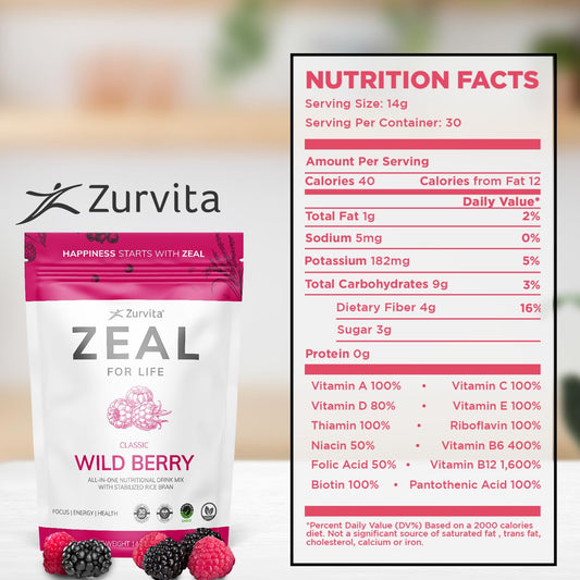 Zurvita Zeal for Life Wild Berry Classic bag back view with nutrition facts.