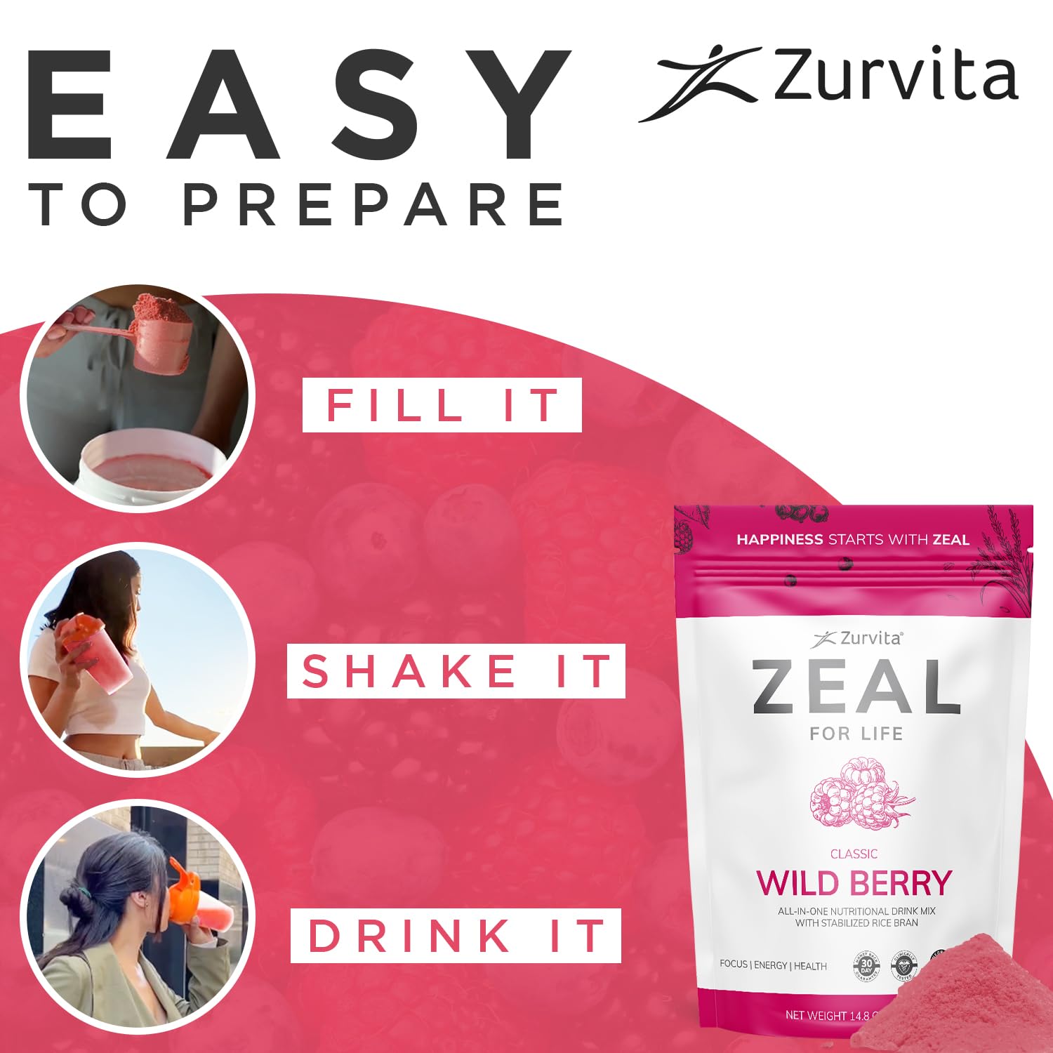 Zurvita Zeal for Life Wild Berry Classic energy and focus graphic.