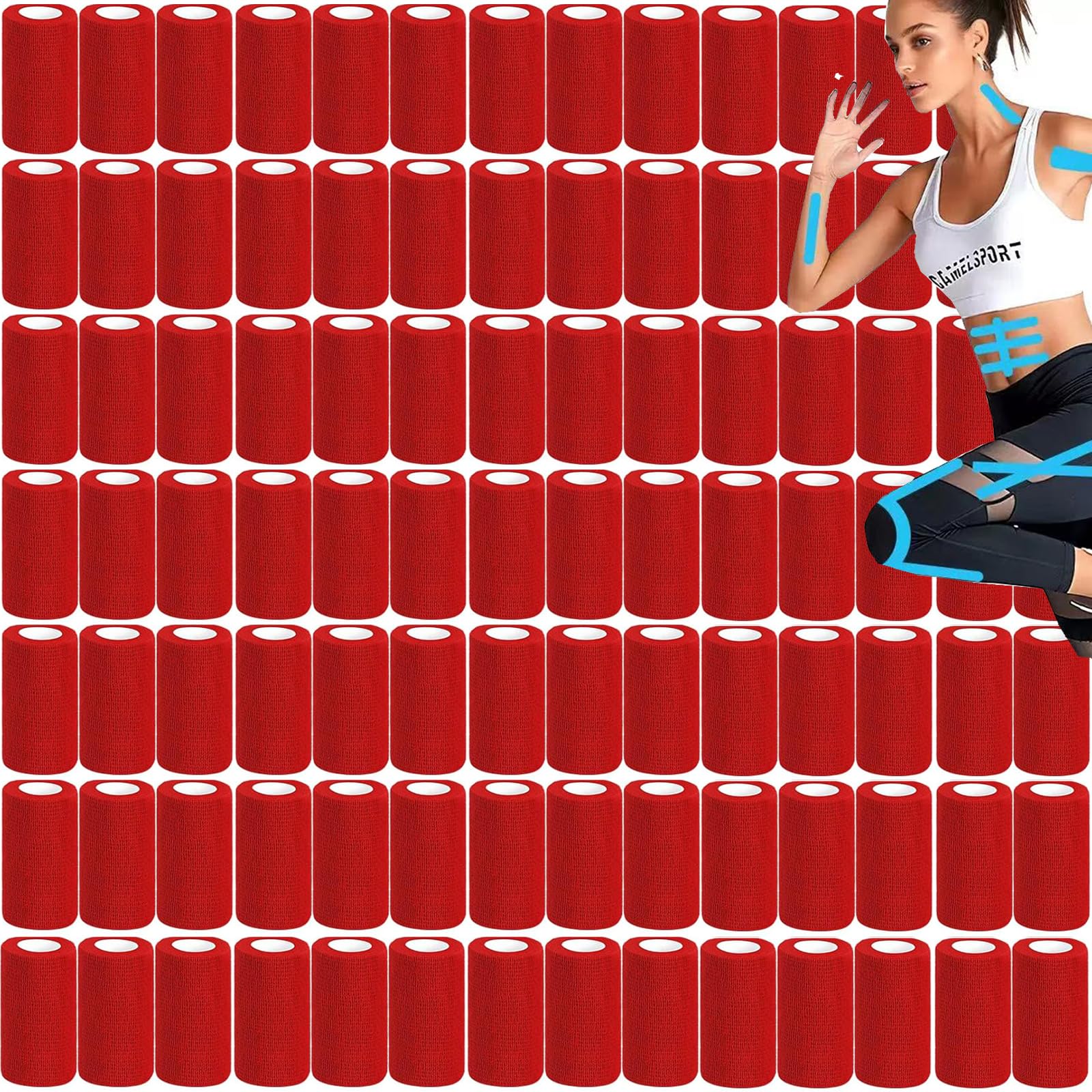 Zwealthygift red self-adhesive bandage wrap close-up showing strong adhesion without sticking to skin, for sports support.