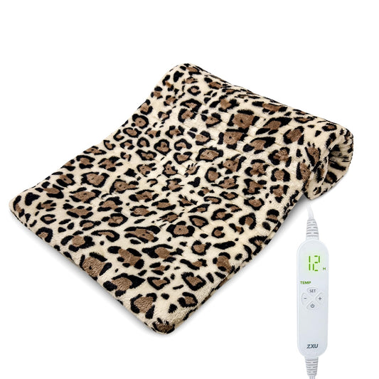 ZXU leopard print heating pad shown on a lap for full back warmth