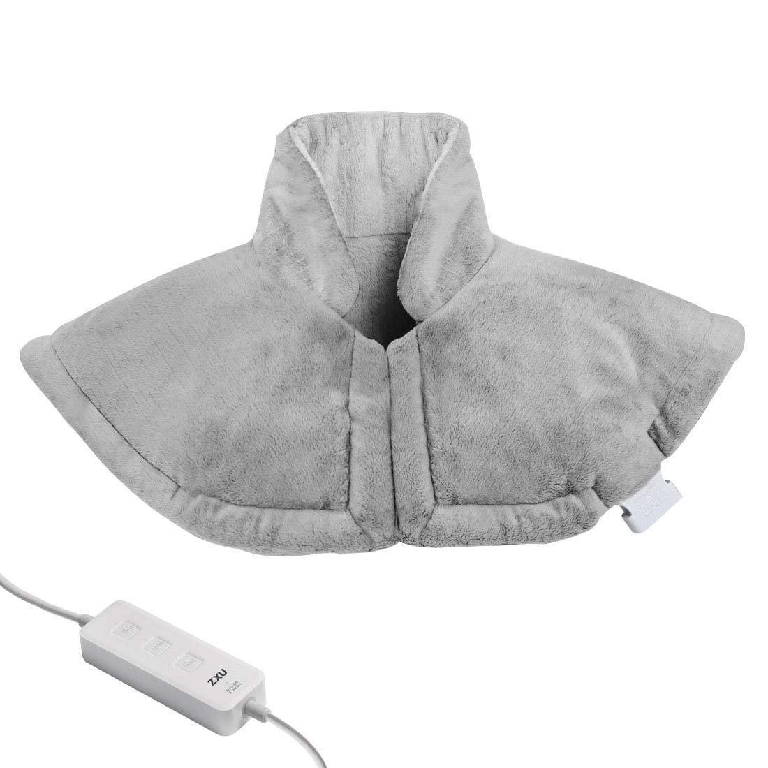 ZXU neck-shoulder heating wrap in use, stays in place for hands-free warmth.
