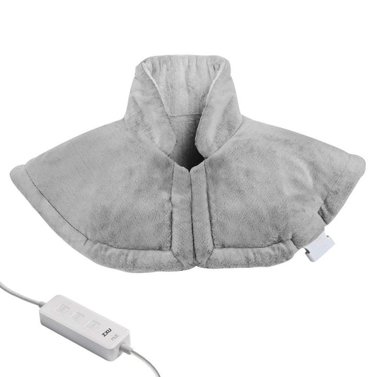 ZXU neck-shoulder heating wrap in use, stays in place for hands-free warmth.