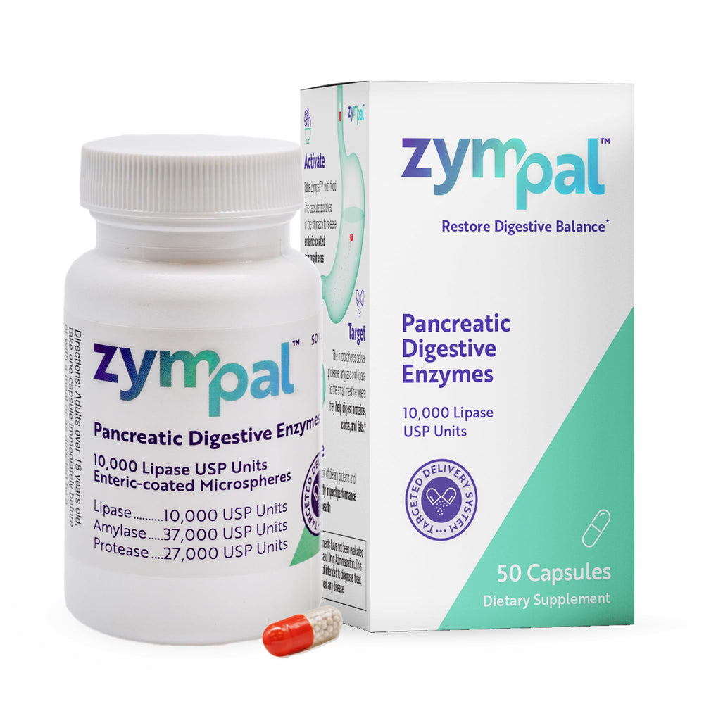 ZYMPAL Pancreatic Digestive Enzymes bottle shows 10,000 Lipase for digestion support