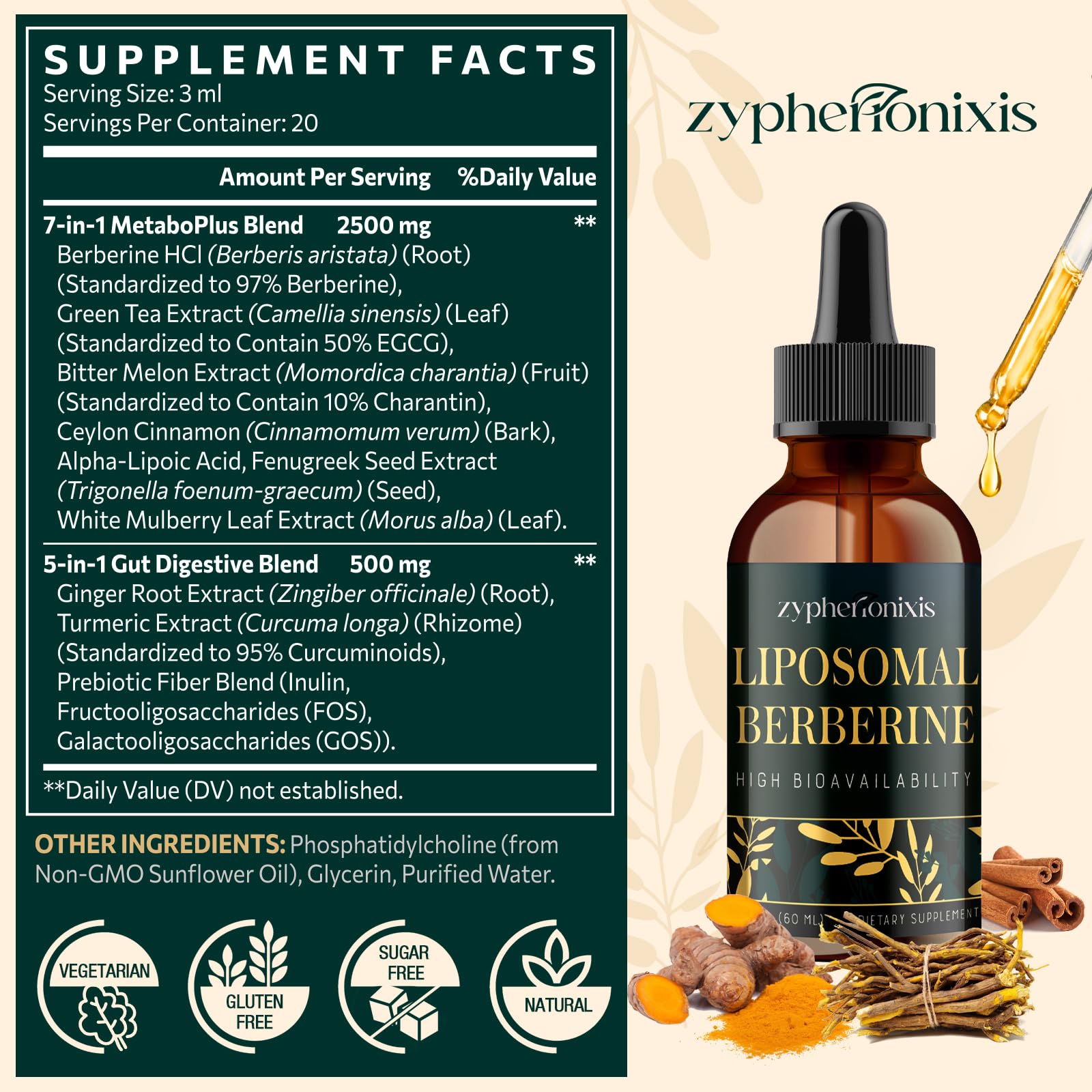 Zypherionixis berberine drops with dropper for easy under-tongue or beverage use