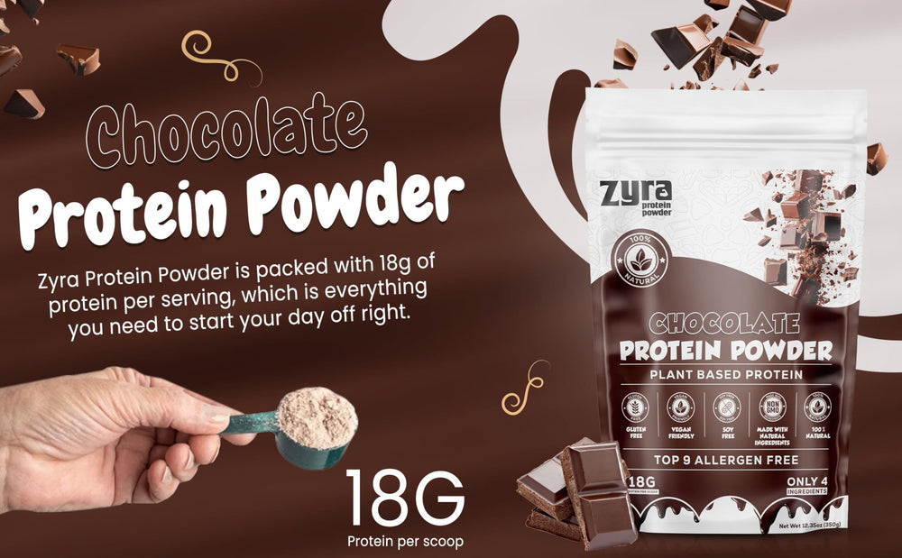 Zyra pea protein chocolate dairy-free formula on counter with almond milk.