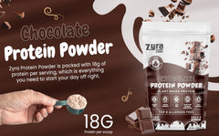 Zyra pea protein chocolate dairy-free formula on counter with almond milk.