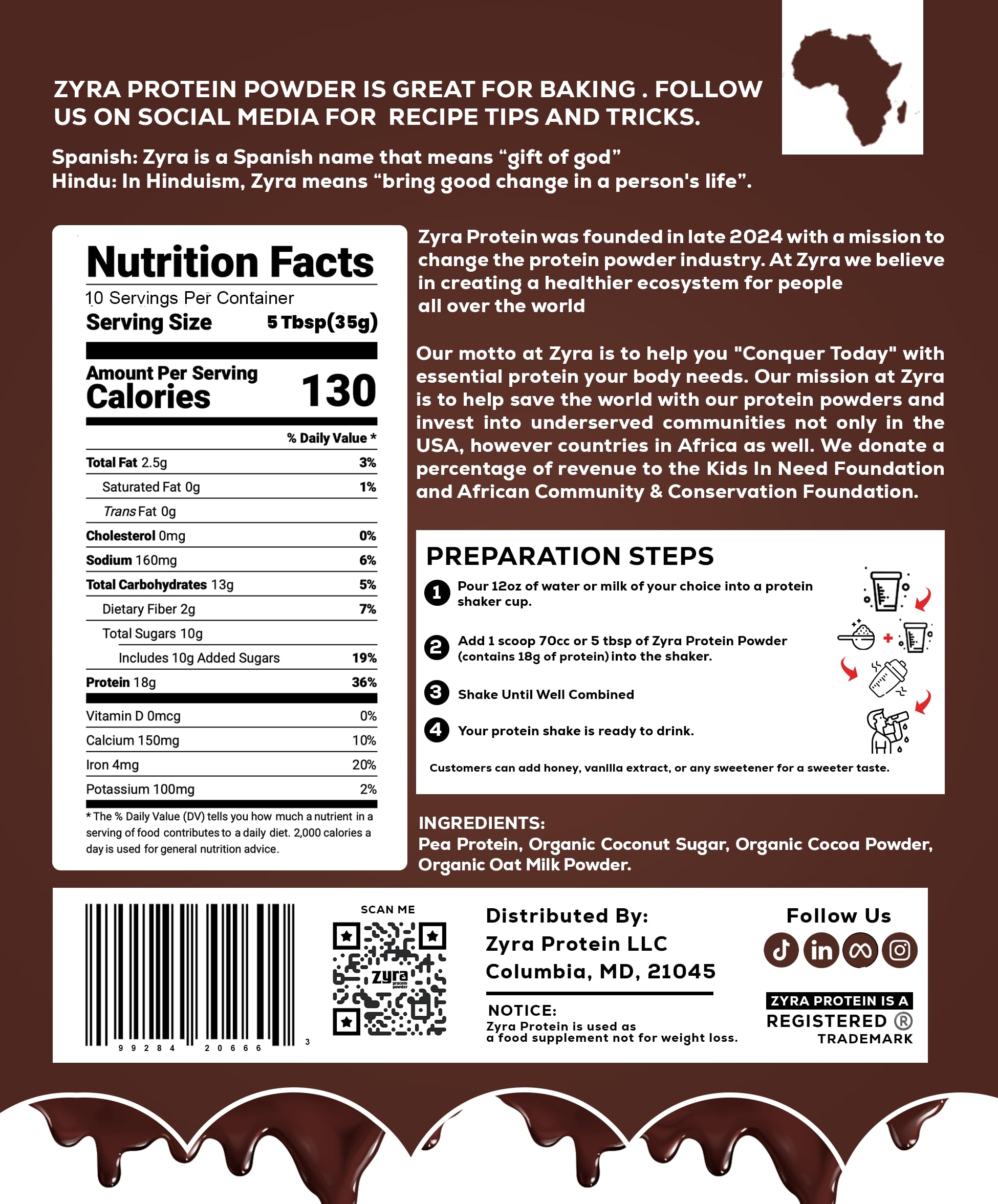 Zyra pea protein chocolate scoop for quick, measured servings.