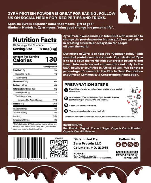 Zyra pea protein chocolate scoop for quick, measured servings.